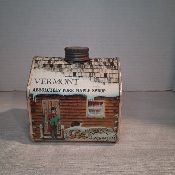 Vtg 1984 Vermont Maine Absolutely Pure Maple Syrup Tin Country Farm House Decor - Picture 3 of 6